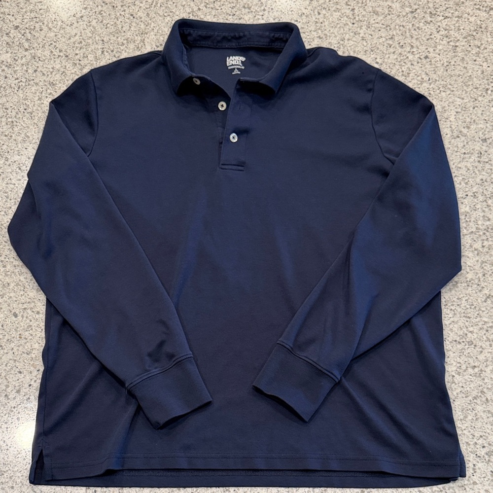 Lands' End Men's Long Sleeve Polo in Navy Blue Large